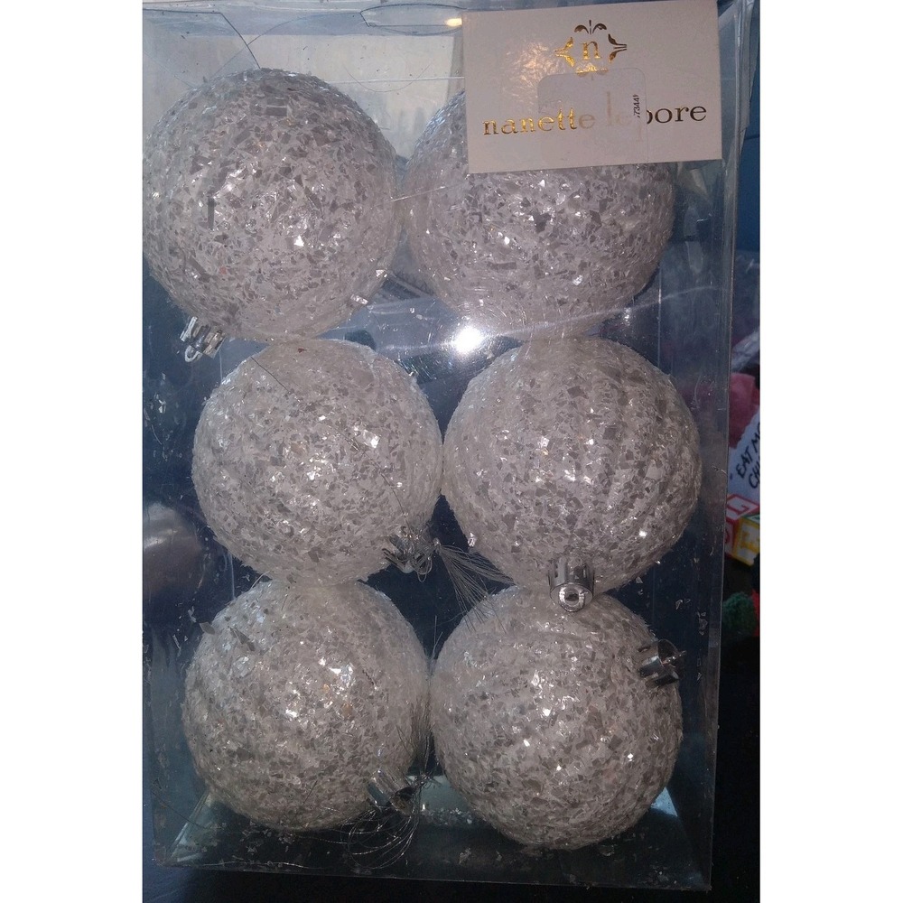 Nanette Lepore White Glitter Christmas HOLIDAY Ornaments Set Of 6 NEW
